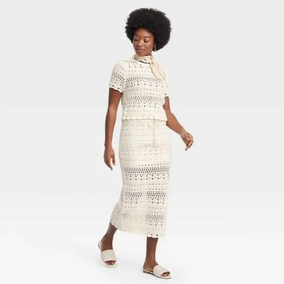 UT XLβCream Openwork Midi Sweater Crochet Knit Scalloped Drawstring Skirt - Picture 3 of 16